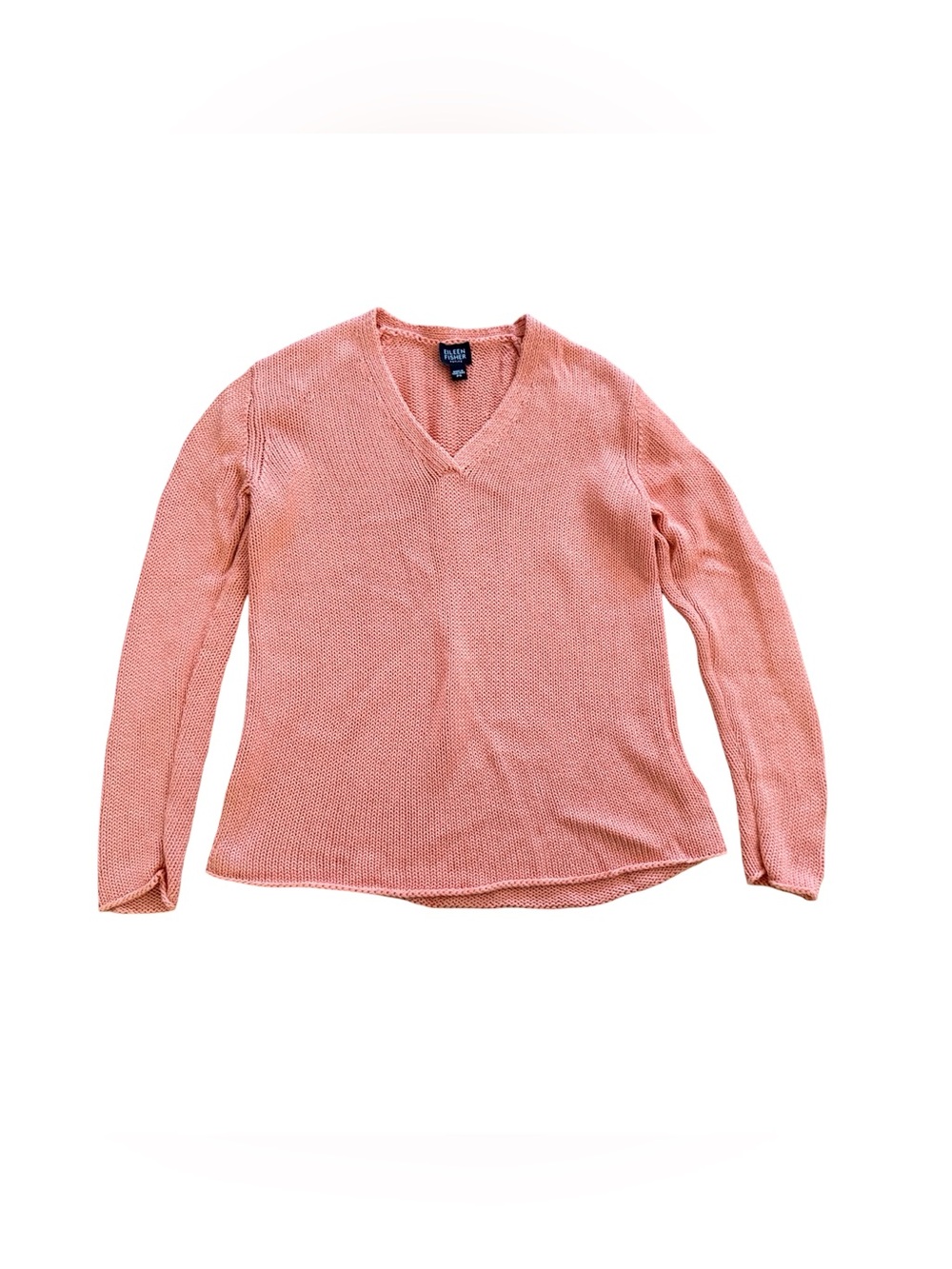 Eileen Fisher Petite Salmon Pink Cotton Knit V Neck Sweater PS weave knit